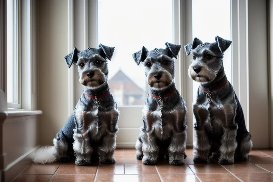 Dos schnauzers miniatura con bandanas modernas de lino en tono neutro, accesorios DIY sin costura hechos a mano