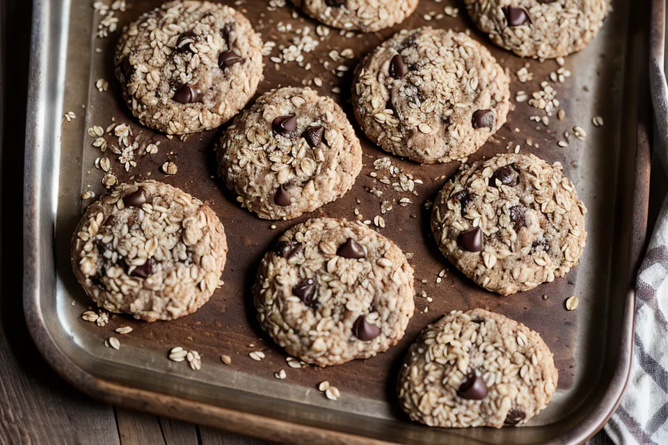 Galletas de avena caseras para perros en una bandeja de horno rústica.