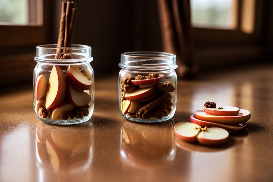 Tarro de cristal con snacks naturales de manzana y canela para perros.