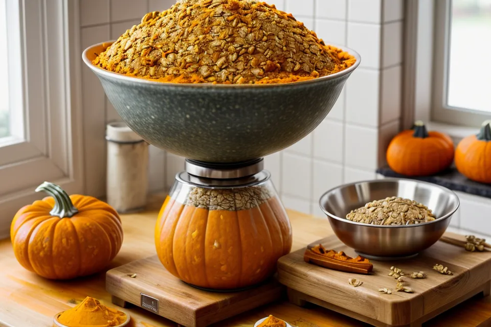 Ingredientes naturales como calabaza y avena preparados para cocinar snacks caninos.