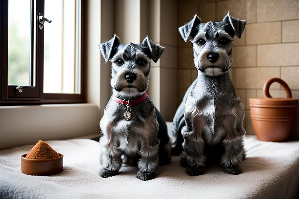 Schnauzer miniatura recién bañado en casa, ejemplo de cada cuánto tiempo conviene el baño canino para evitar nudos en el pelo
