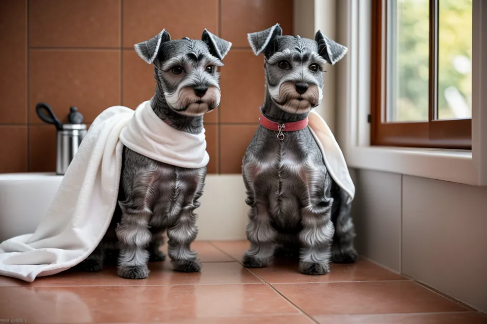 Schnauzer miniatura después de un baño canino en casa con acondicionador, parte del mantenimiento del pelaje para evitar nudos