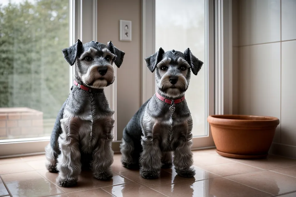 Schnauzer miniatura limpio y sin nudos en el pelo tras un baño canino en casa