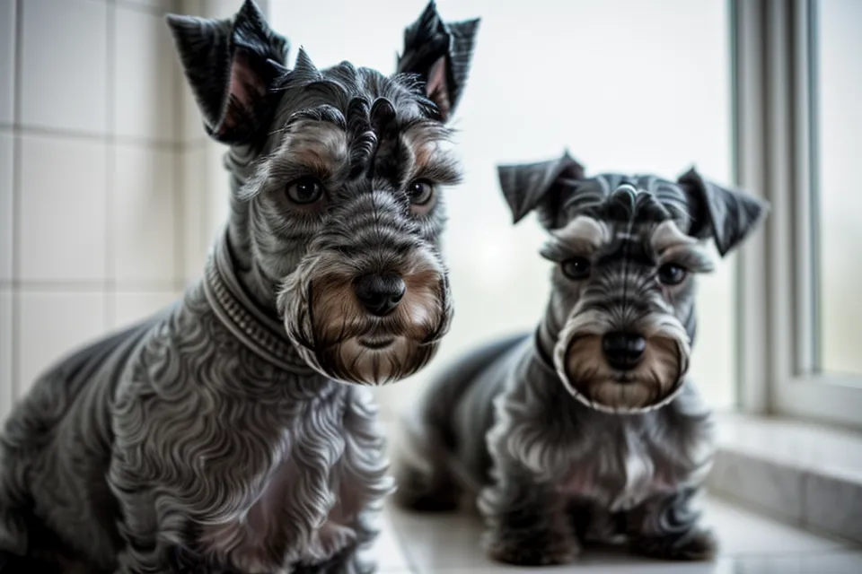 Schnauzer miniatura miedoso envuelto en una toalla después del baño en casa