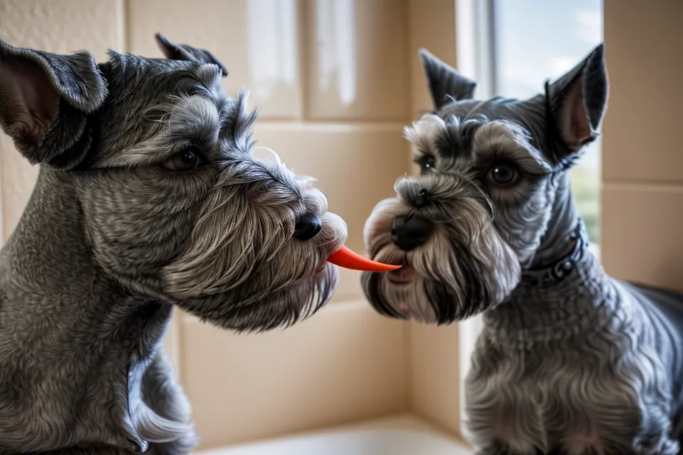 Schnauzer miniatura tranquilo mientras se le aclara el champú en el baño en casa