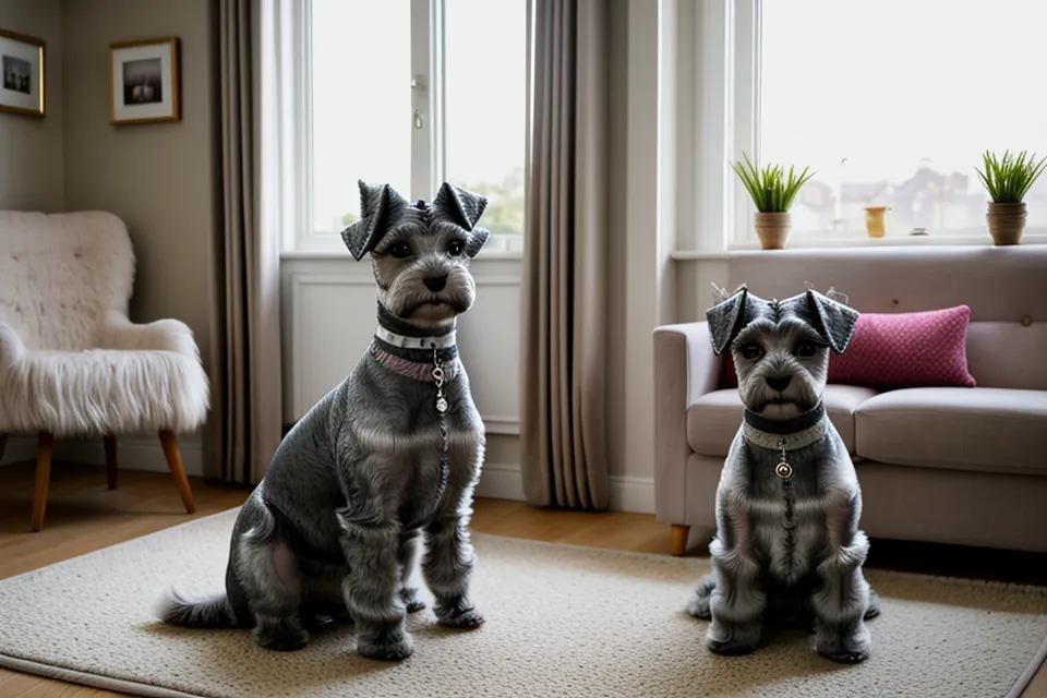 Dos schnauzers miniatura secos y relajados tras un baño en casa sin estrés