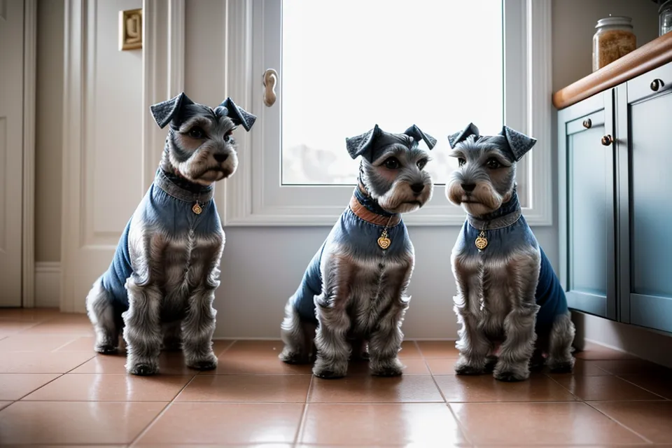 Schnauzer miniatura observando con cautela la máquina de peluquería en el salón, gestionando el miedo al ruido antes de empezar.