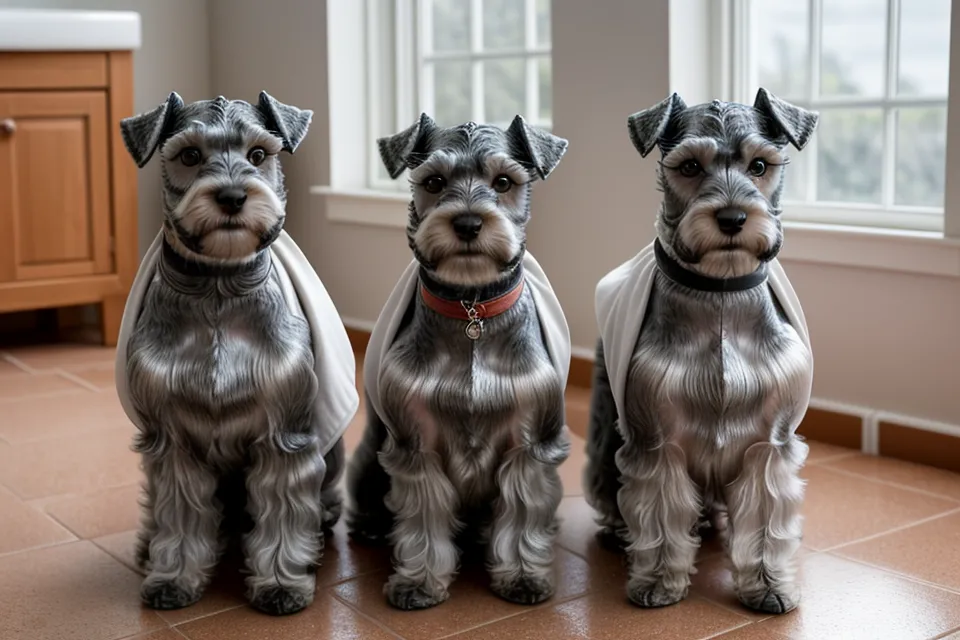 Schnauzer miniatura tranquilo y relajado después de una sesión de peluquería en casa, señal de bienestar canino tras superar el miedo al ruido.