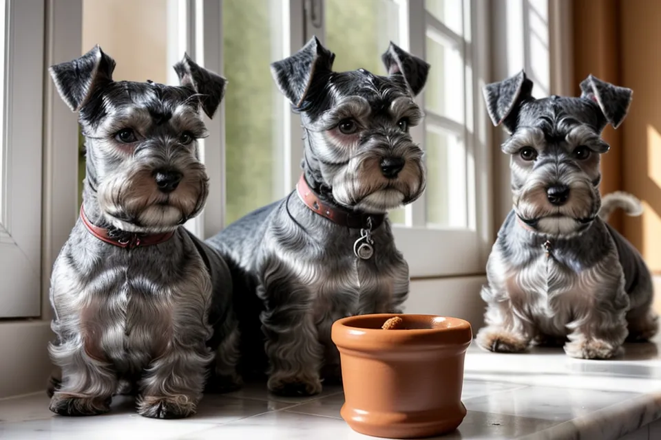 Tijera de punta roma recortando las cejas de un schnauzer miniatura durante el corte de cara