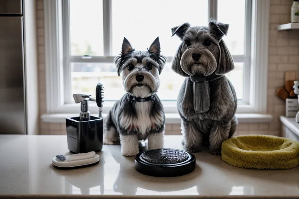 Peine metálico, tijera de entresacar y maquinilla silenciosa para el cuidado del pelo de un schnauzer miniatura