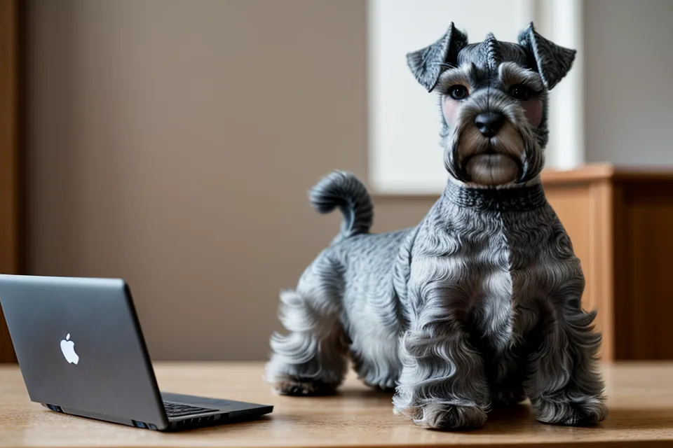 Schnauzer miniatura frente a la pantalla de un curso de peluquería canina casera