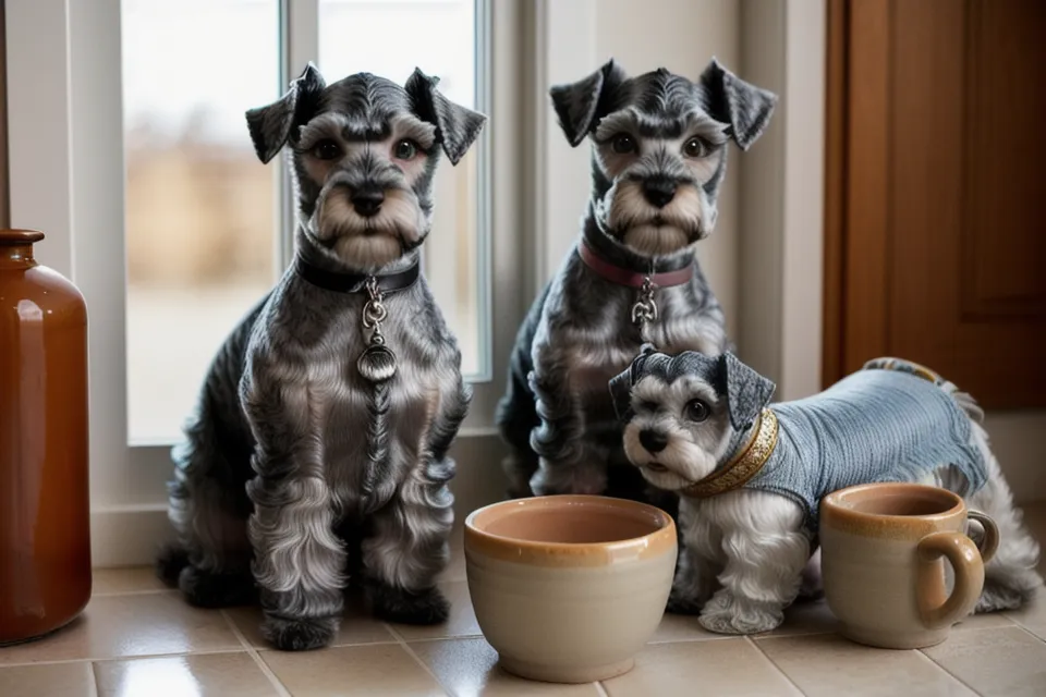 Mano sujetando la pata de un schnauzer miniatura para recortar el pelo entre las almohadillas