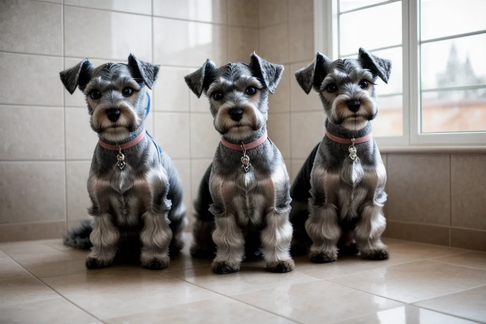 Peine levantando a contrapelo el pelo de la pata de un schnauzer miniatura antes del corte final