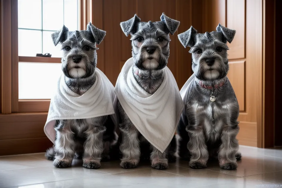 Schnauzer miniatura con las patas recién recortadas, resultado de peluquería canina casera sin trasquilones