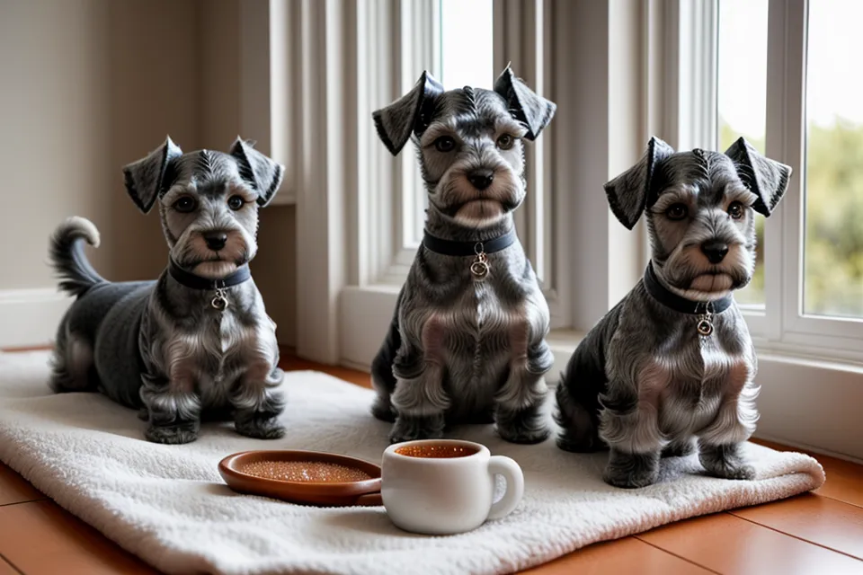 Tomar medidas a un schnauzer miniatura con cinta métrica antes de cortar el patrón de costura para perros