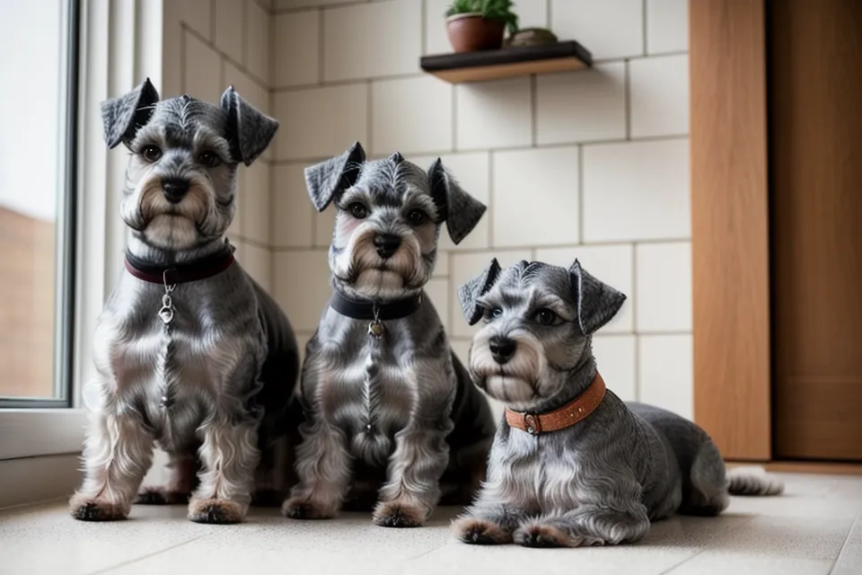 Schnauzer miniatura con pijama de tela en un salón iluminado, una alternativa al cepillado en días de frío