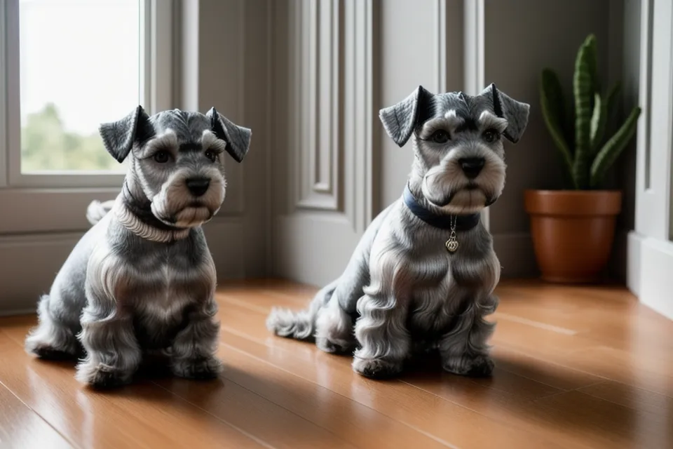Peine metálico usado en las patas de un schnauzer miniatura para comprobar el resultado del cepillado canino