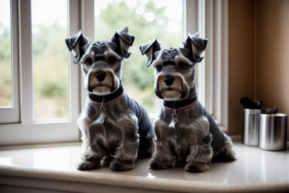 Schnauzer miniatura con el pelo duro recuperado tras el champú adecuado, descansando en el salón