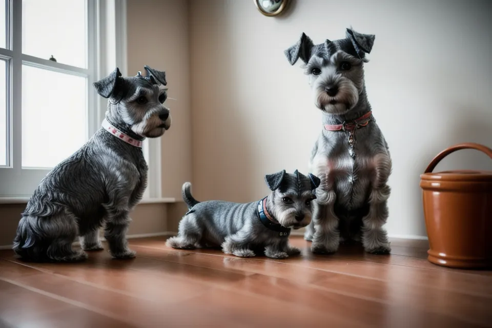 Secador doméstico y toallas de microfibra usados en el baño en casa de un schnauzer miniatura.