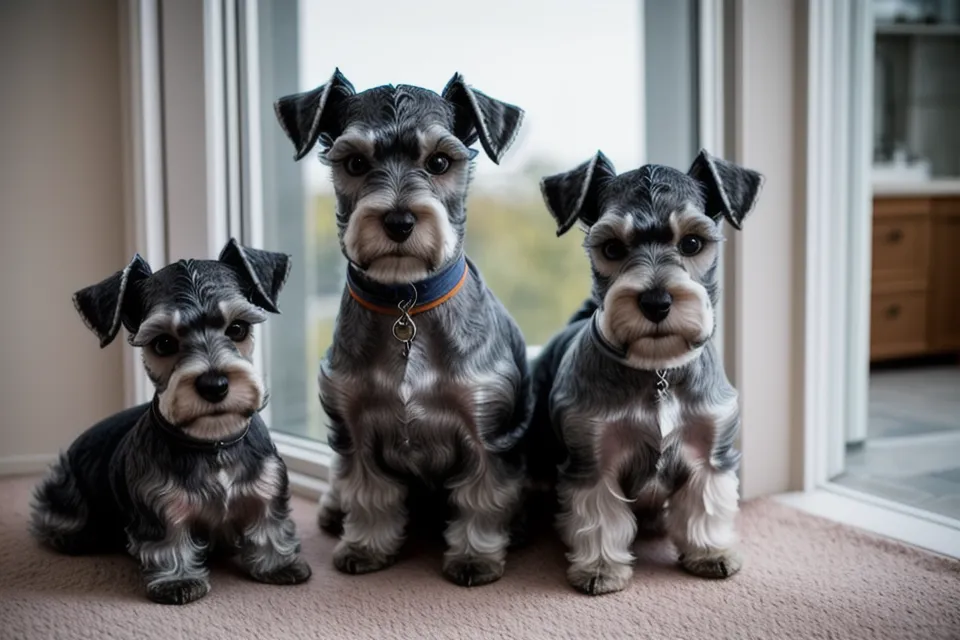 Schnauzer miniatura secándose al aire en una zona ventilada, parte del cuidado del pelo tras el baño.