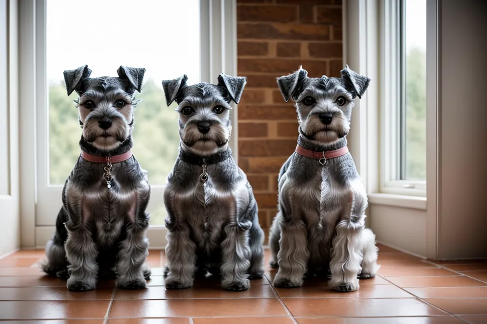 Schnauzer miniatura junto a cintas de polipropileno antes de coser un arnés DIY