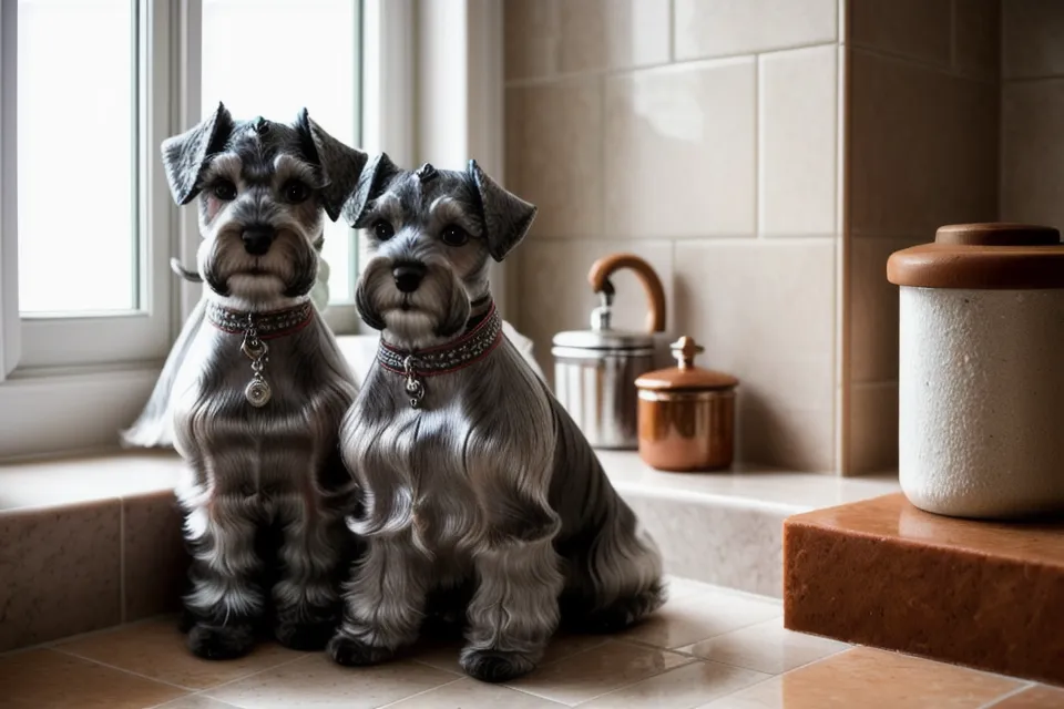Schnauzer miniatura con bandana artesanal de tela, accesorio canino hecho a mano