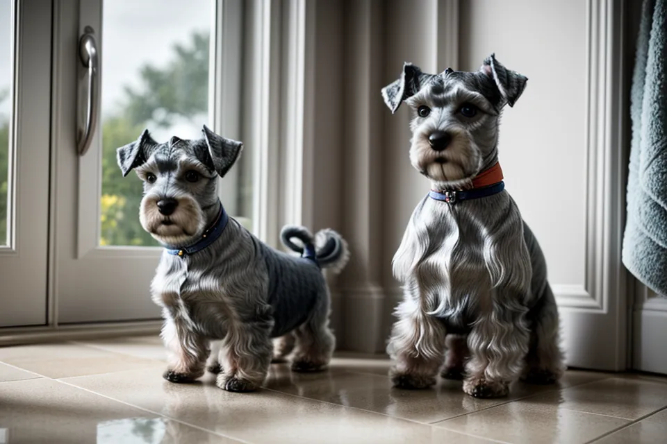 cinta métrica alrededor del cuello de un schnauzer miniatura para tomar medidas antes de coser