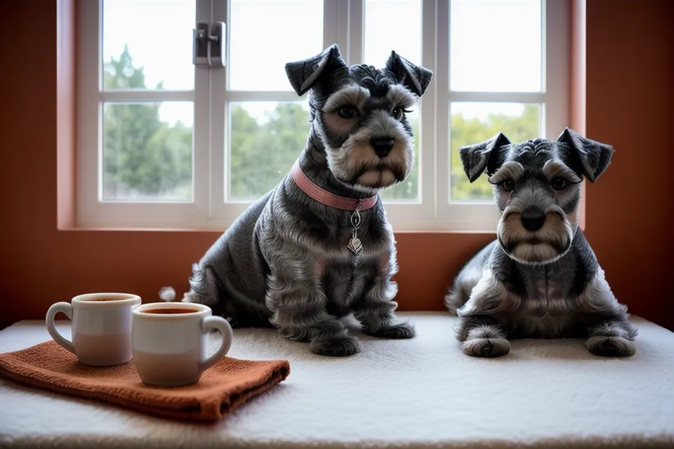 Dos schnauzers miniatura paseando con chalecos de forro polar hechos con patrones caseros