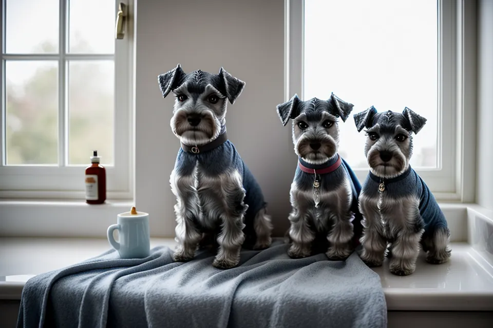 Helado casero para perros derretido sobre el suelo de mármol junto a un schnauzer miniatura