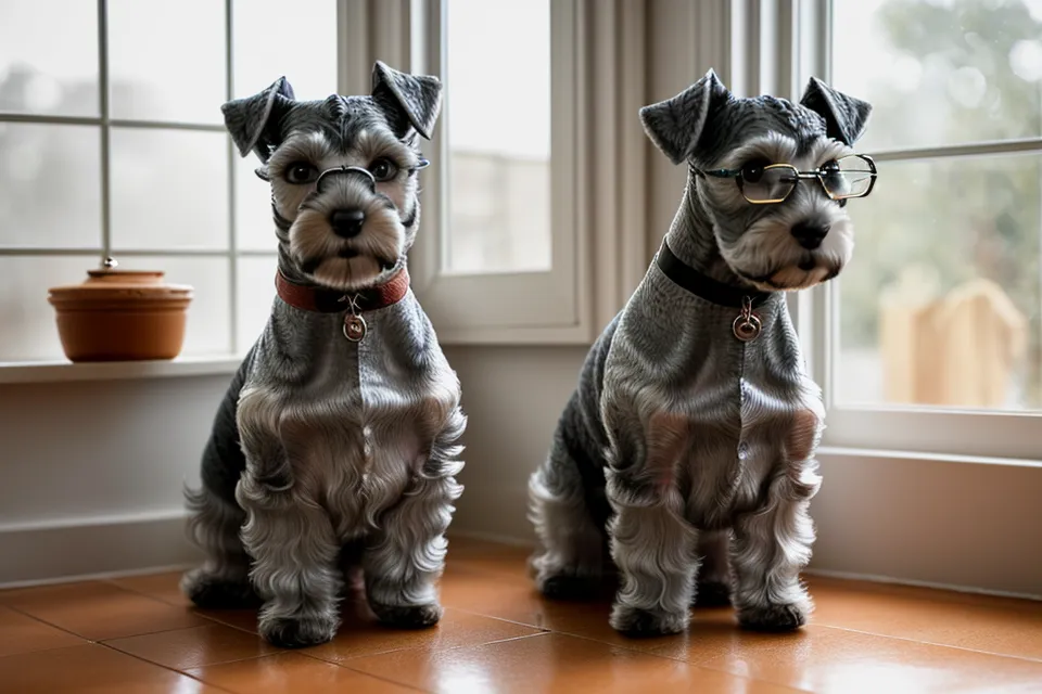 Schnauzer miniatura sal y pimienta olfateando un cubito de yogur helado sobre el suelo de mármol