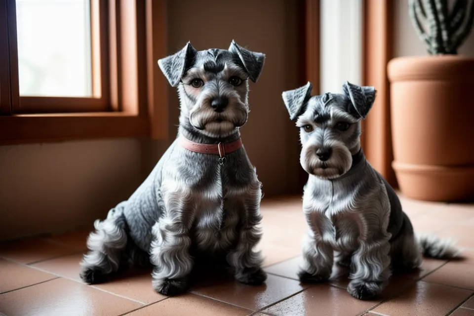 Schnauzer miniatura con pajarita de lino y estilo canino moderno lista para un evento especial