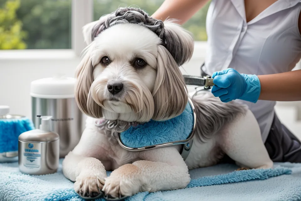 Máquina de pelar perros y spray enfriador sobre una toalla blanca, clave para la seguridad canina
