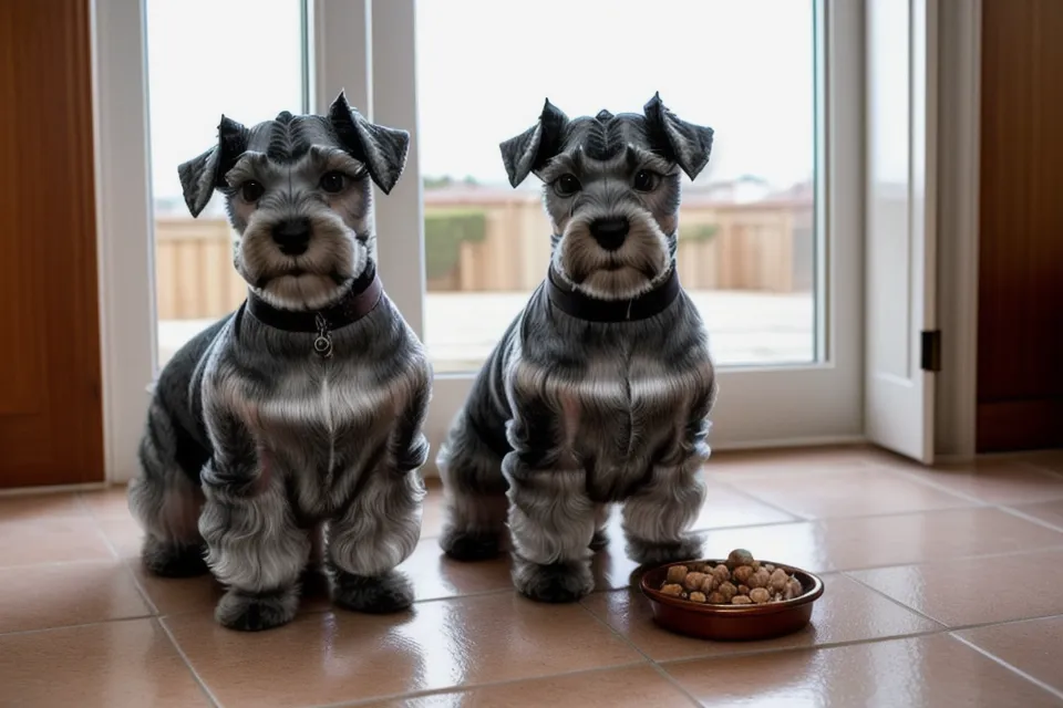 Schnauzer miniatura tranquilo junto a la mesa navideña con postres caseros para perro