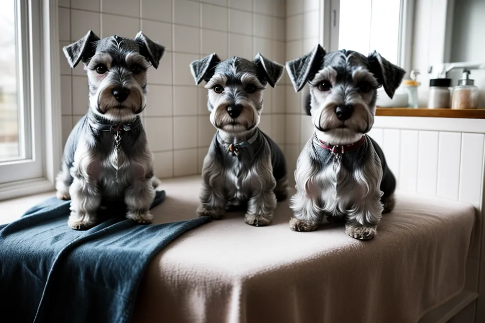 Secando el manto del schnauzer miniatura en la dirección del pelo para un acabado suave en el cuidado del manto