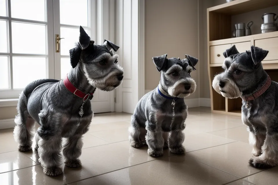 Secado canino sin miedo al secador: schnauzer miniatura tranquilo en el baño de casa