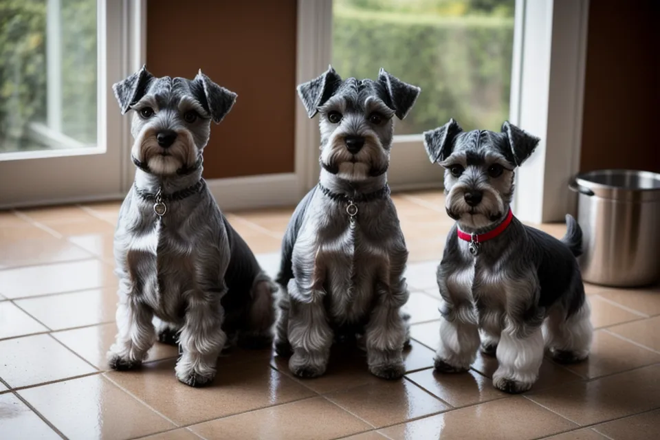 Schnauzer miniatura oliendo el secador apagado en el suelo del baño de casa, sin miedo al ruido