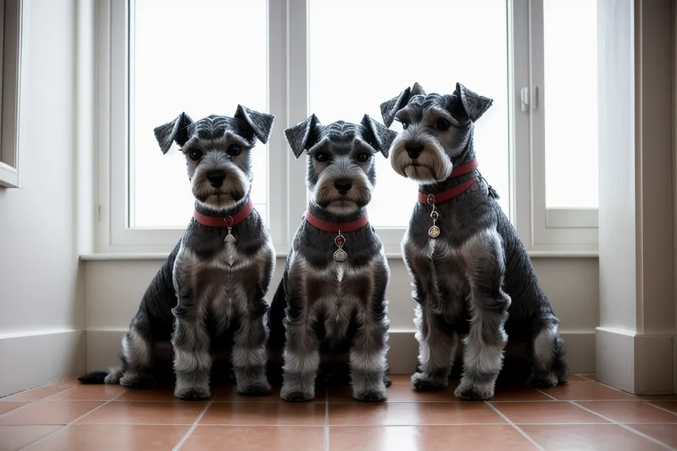 Schnauzer miniatura con las orejas tapadas para reducir el miedo al secador durante el secado en casa