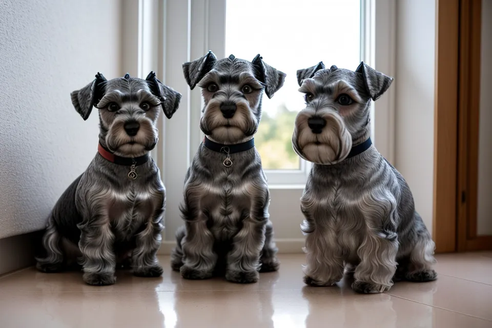 Sesión de peluquería canina casera con tijeras de entresacar sobre un schnauzer miniatura, acabado natural