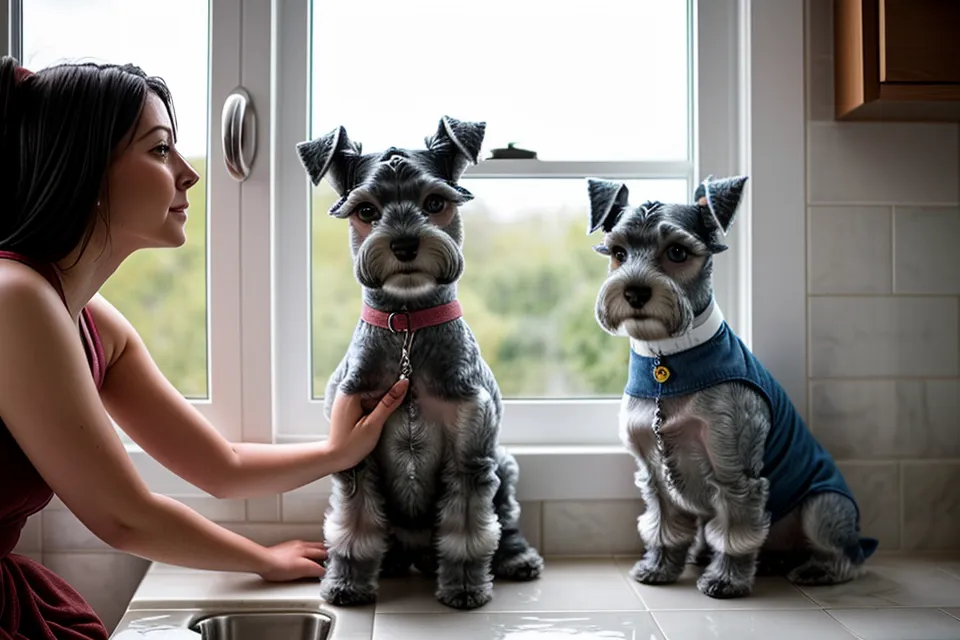 Schnauzer miniatura relajado tras terminar la sesión de tijeras de entresacar en casa
