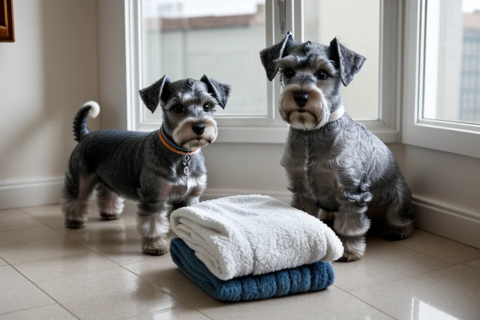 Albornoz de microfibra cosido a mano para un schnauzer miniatura recién bañado