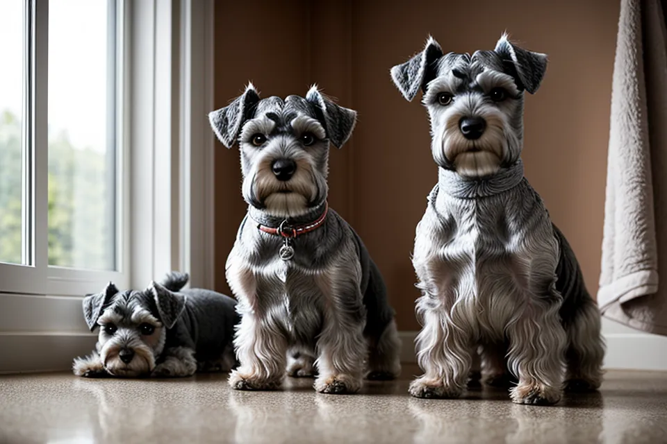 Schnauzer miniatura sacudiéndose el agua en el pasillo tras el baño, antes de probar el albornoz casero