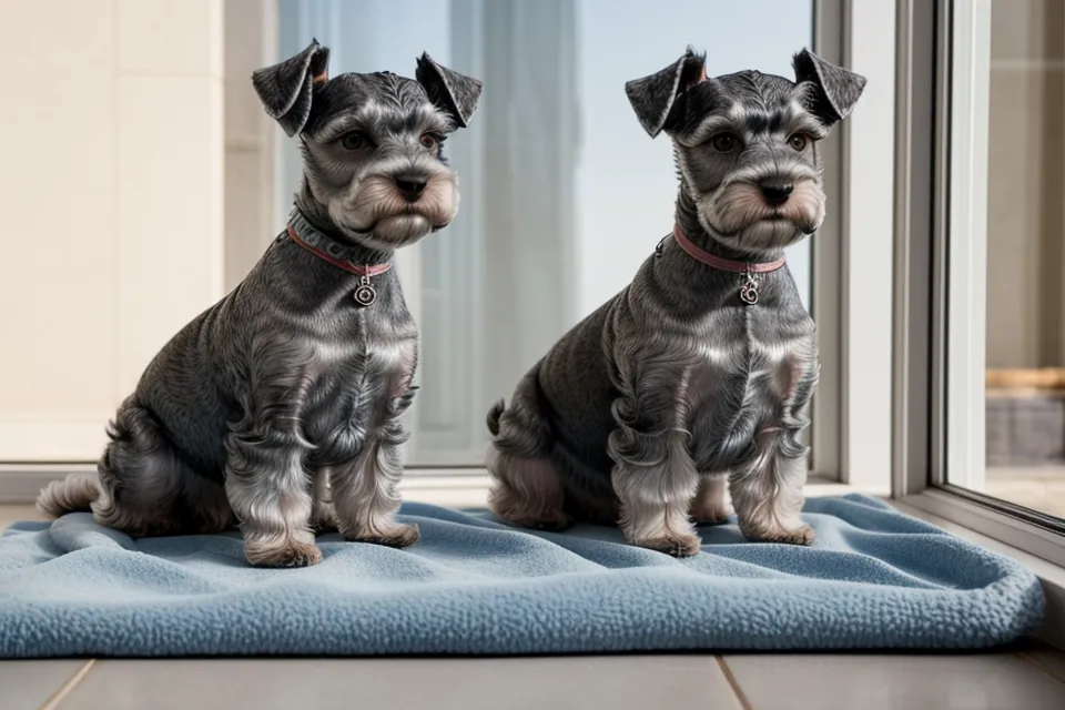Dos schnauzer miniatura con sus albornoces caseros de microfibra tras el baño