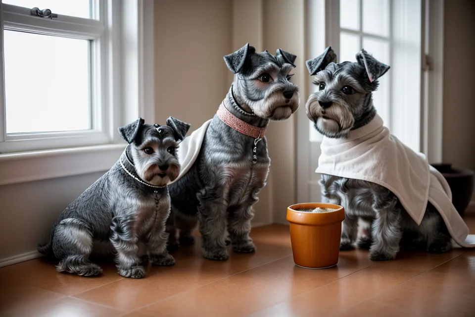 Schnauzer miniatura con un prototipo de chaleco DIY mal ajustado en las patas delanteras