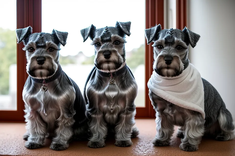 Cepillando el faldón de un schnauzer miniatura para comprobar la caída del pelo duro