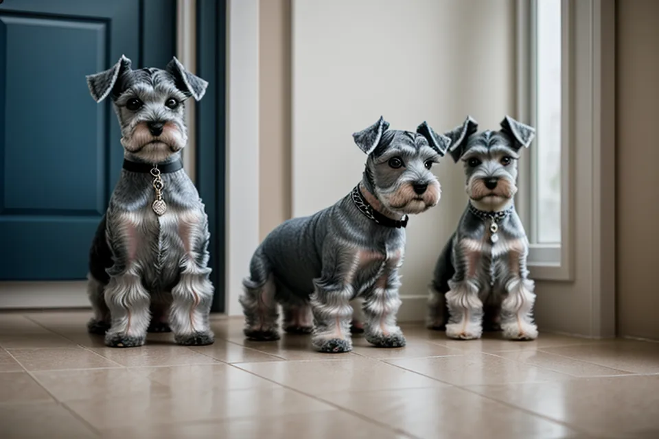 Schnauzer miniatura mirándose en el espejo del pasillo tras el corte de faldón en casa