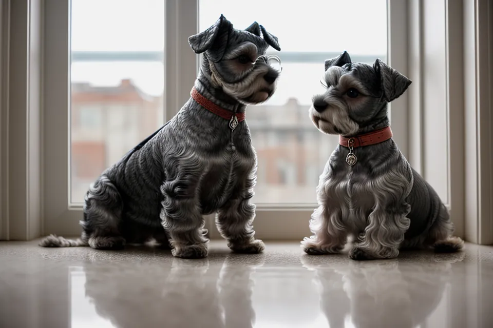 Schnauzer miniatura recién peinado con lazo rojo navideño antes de la foto familiar