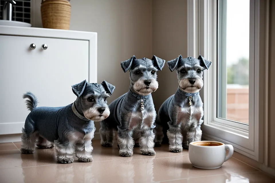Patas de un schnauzer junto a su canasta navideña recién abierta en el suelo