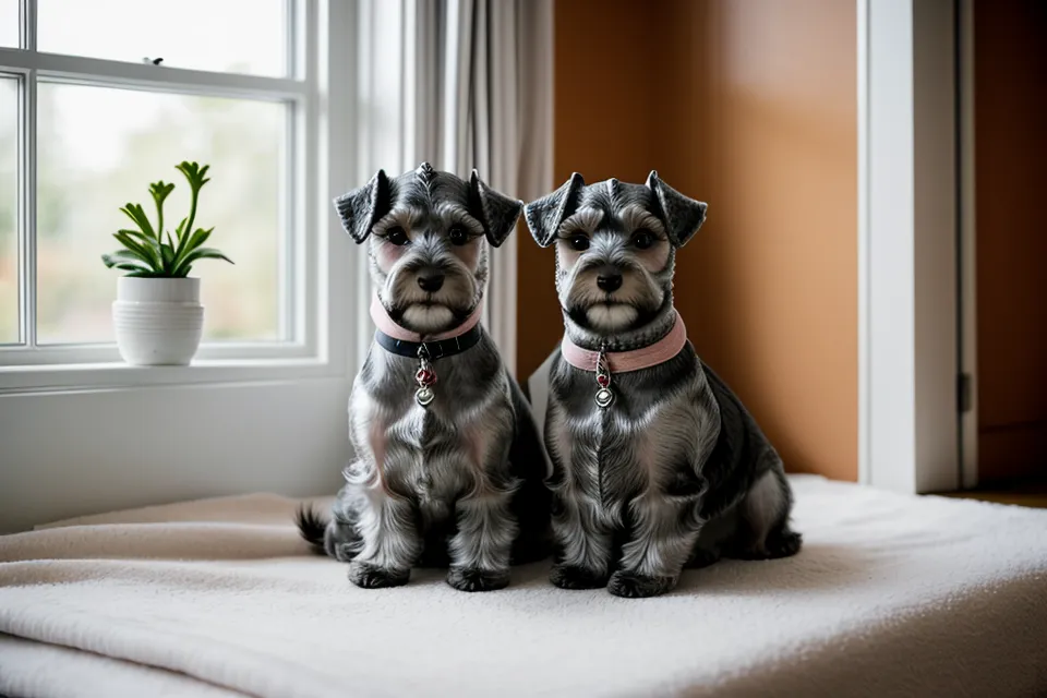 Dos schnauzer mini, Higo y Almendra, sentados frente al horno en un suelo de baldosas de terracota