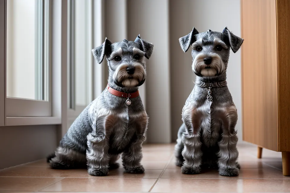 Schnauzer miniatura paseando por el Paseo del Río con su arnés artesanal a medida