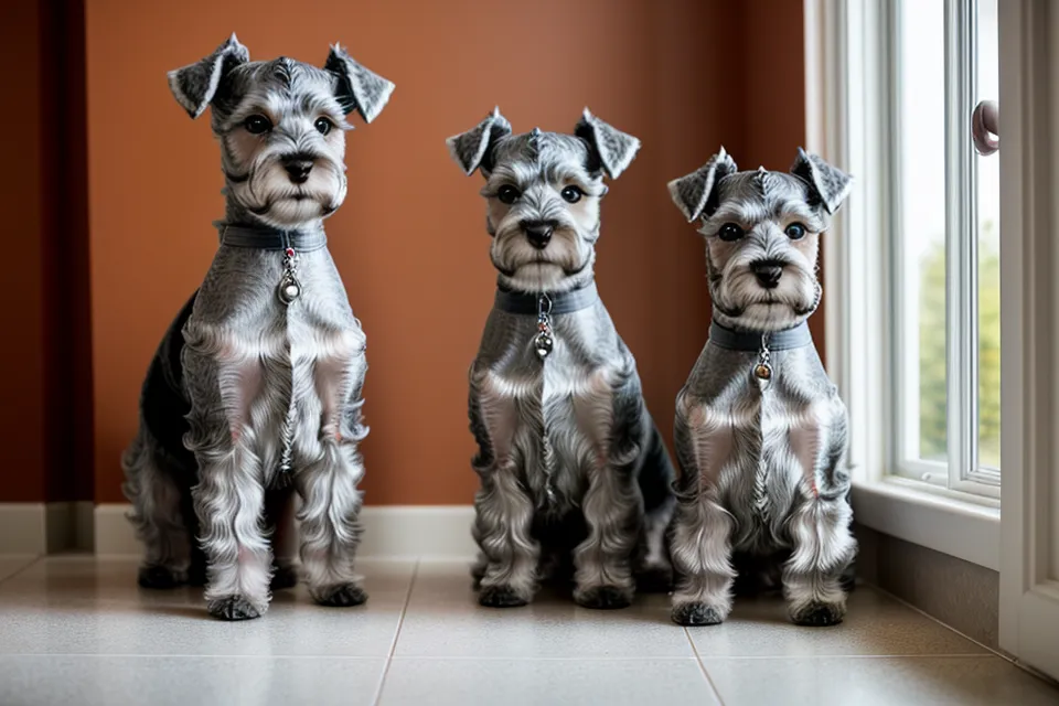 Botella de limpiador ótico junto a un schnauzer miniatura durante la limpieza de orejas